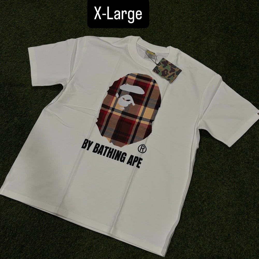 Bape White Tee with Red & Brown Plaid Ape Head. X-Large